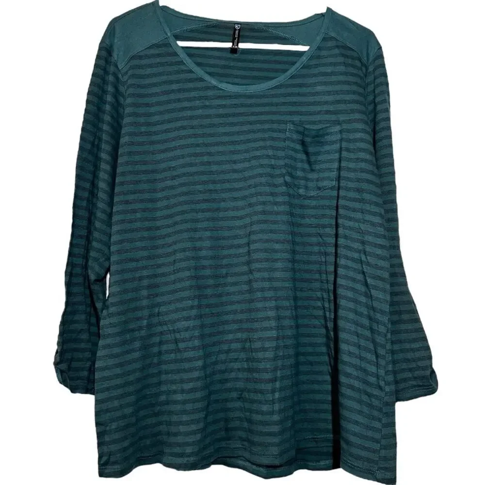 Kuhl Jive Fine Knit Shirt Top Striped 3/4 Sleeve Crewneck Front Pocket Green 1X